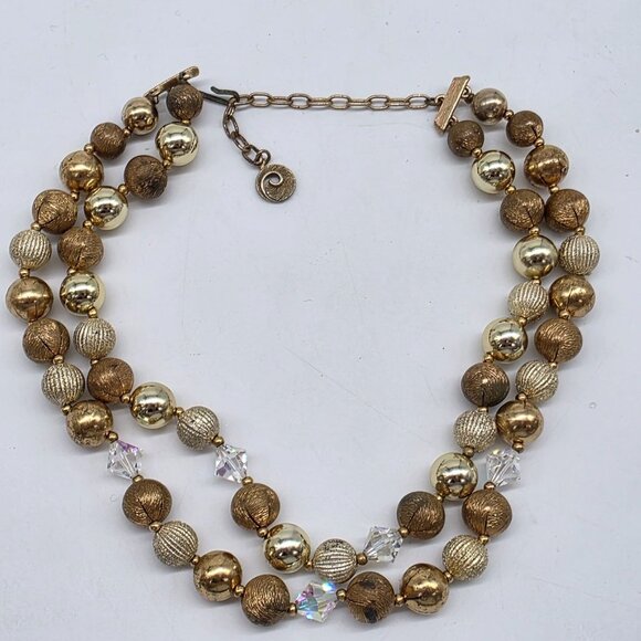 LISNER Statement Vintage Double Strand Gold Tone & Crystal Bead Necklace - Picture 5 of 8